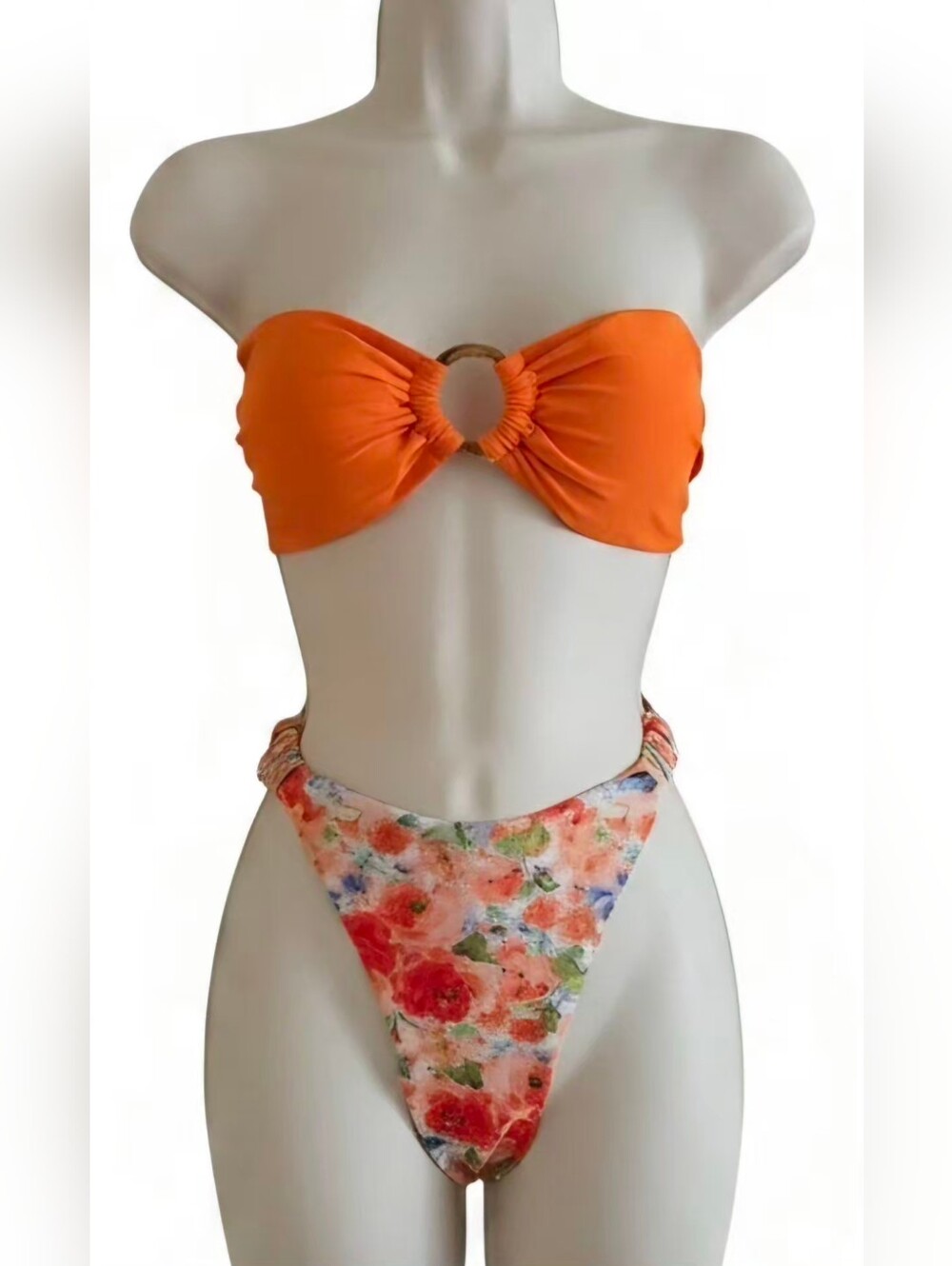 Women's Orange Bandeau Bikini with Floral High-Cut Bottom